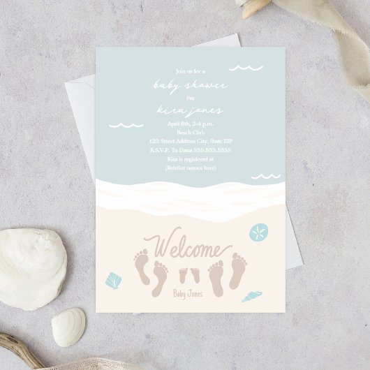 Invitation Beach Waves Empreintes Baby shower Blue Boy