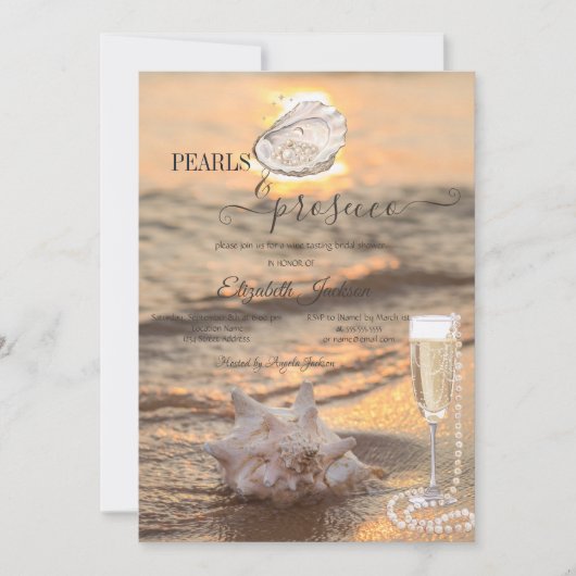 Invitation Beach Waves Sunset Seashell Pearls & Prosecco (Devant)