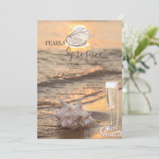 Invitation Beach Waves Sunset Seashell Pearls & Prosecco (Debout devant)