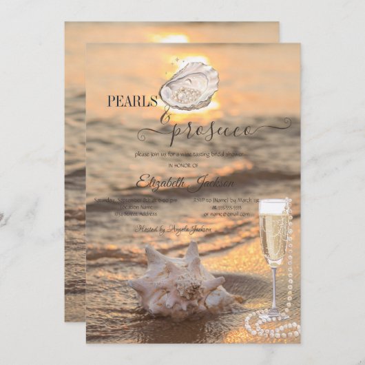 Invitation Beach Waves Sunset Seashell Pearls & Prosecco (Devant / Derrière)