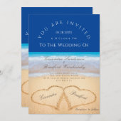 Invitation Beach Wedding 2 Coeurs Sand Mariage Bleu foncé (Devant / Derrière)