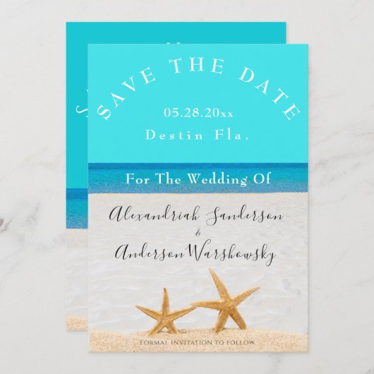 Invitation Beach Wedding 2 Starfish in Sand Save the Date Inv (Devant / Derrière)