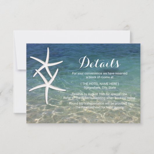 Invitation Beach Wedding Tropical Starfish Détails du Mariage (Devant)