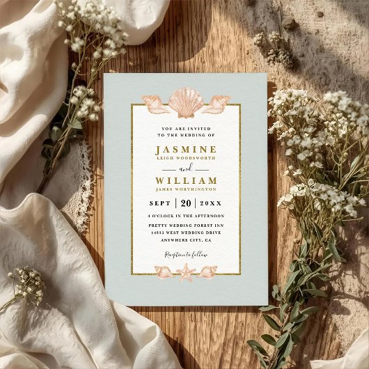 Invitation Beachside Shell Elegant Modern QR Code Wedding