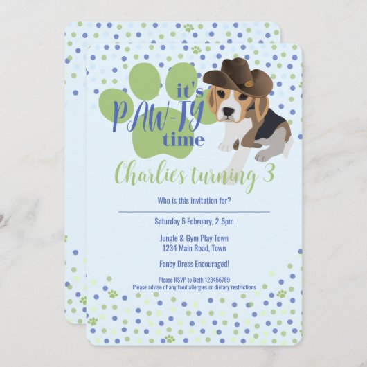 Invitation Beagle Chien Chien bleu Anniversaire de enfant Inv (Devant / Derrière)