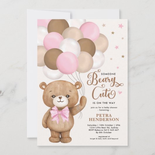 Invitation Beaire Brown rose mignonne Ours Teddy Baby shower  (Devant)