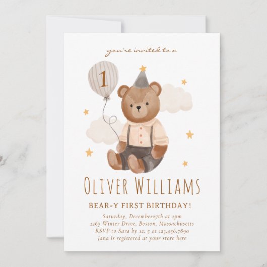 Invitation bear 1st birthday blue balloon (Devant)