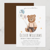 Invitation bear 1st birthday blue balloon kaart (Voorkant / Achterkant)