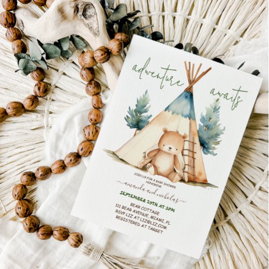 Invitation Bear Adventure Boy Baby shower Minimal