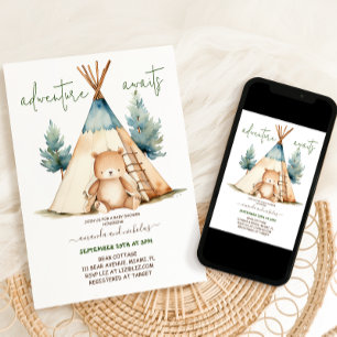 Invitation Bear Adventure Boy Baby shower Minimal