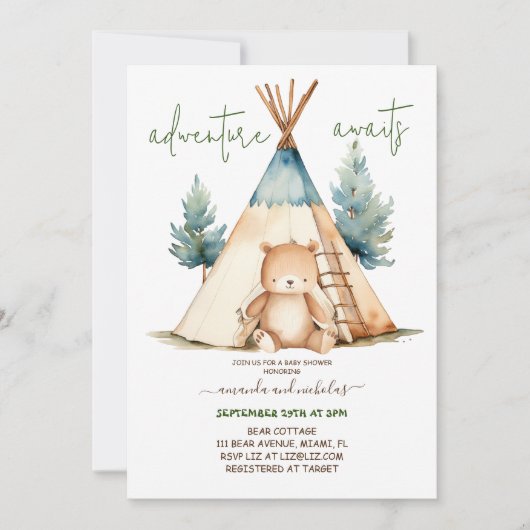 Invitation Bear Adventure Boy Baby shower Minimal (Devant)
