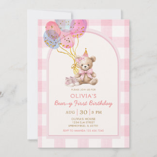 Invitation Bear Balloon Pink Gingham Beary First Birthday