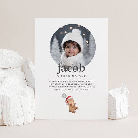 Invitation Bear Balloon Santa Hat - Photo Anniversaire