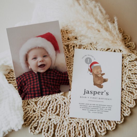 Invitation Bear Balloon Santa Hat photo premier anniversaire
