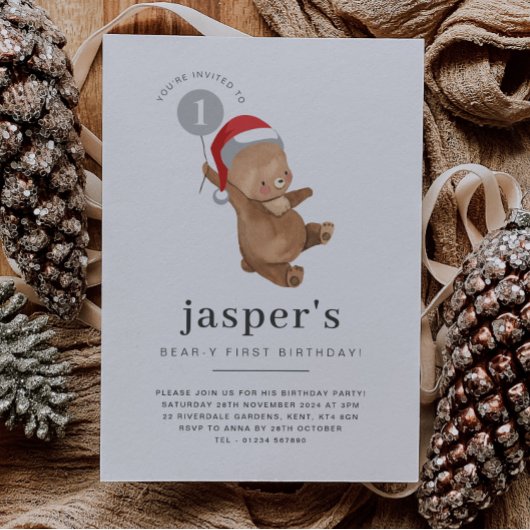 Invitation Bear Balloon Santa Hat Premier Anniversaire Invita
