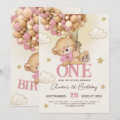 Invitation Bear Balloons Baby Girl 1er anniversaire (Devant / Derrière)