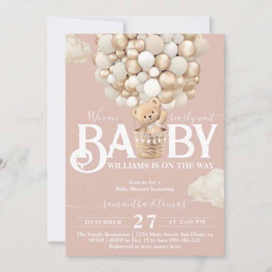 Invitation Bear Balloons Bearly Wait Baby Girl Douche (Devant)