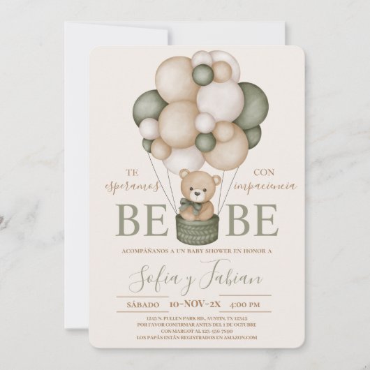 Invitation Bear Balloons garçon Baby shower espagnol Invitati (Devant)