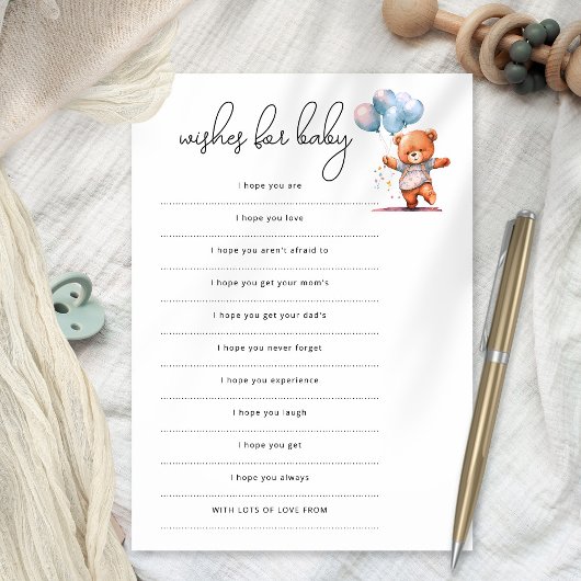 Invitation Bear Balloons Wings for Baby shower Game Card