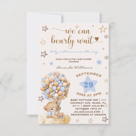 Invitation Bear Bearly Wait Baby shower bleu clair (Devant)