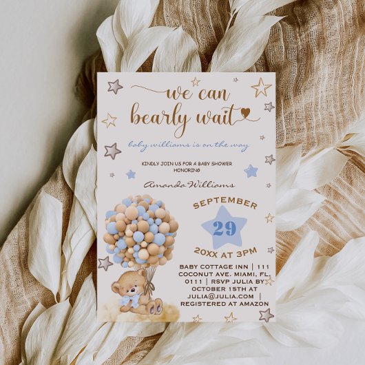 Invitation Bear Bearly Wait Baby shower bleu clair