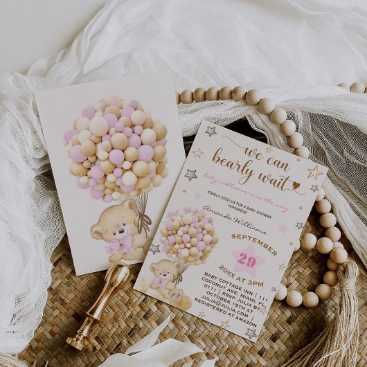 Invitation Bear Bébé rose Fille Baby shower Vintage