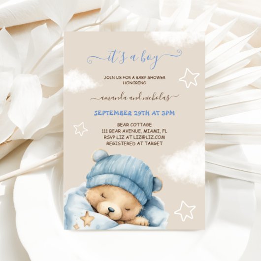 Invitation Bear Blue Boy Baby shower d'hiver