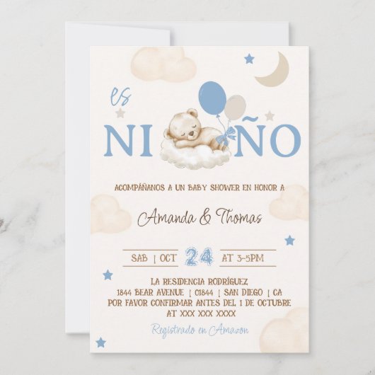 Invitation Bear Blue Boy Baby shower espagnol (Devant)