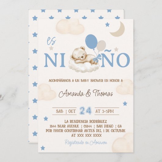 Invitation Bear Blue Boy Baby shower espagnol (Devant / Derrière)