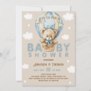 Invitation Bear Blue Hot Air Balloon Boy Baby shower Vintage