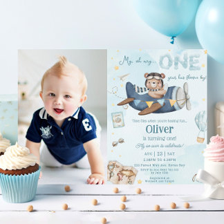 Invitation Bear Blue Plane Time Vol Un 1er anniversaire Photo
