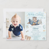 Invitation Bear Blue Plane Time Vol Un 1er anniversaire Photo (Devant)