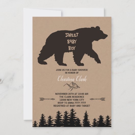 Invitation Bear Boy Baby shower Rustic Woodland Kraft (Devant)