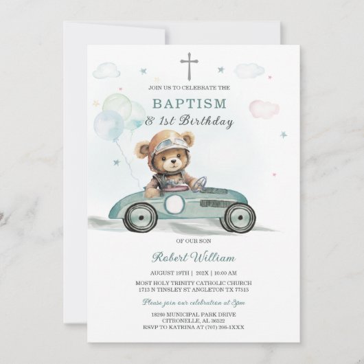 Invitation Bear Boy First Birthday and Baptism (Devant)
