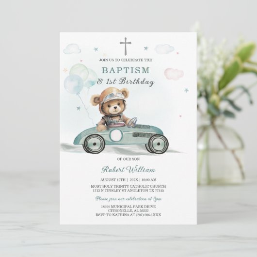 Invitation Bear Boy First Birthday and Baptism (Debout devant)