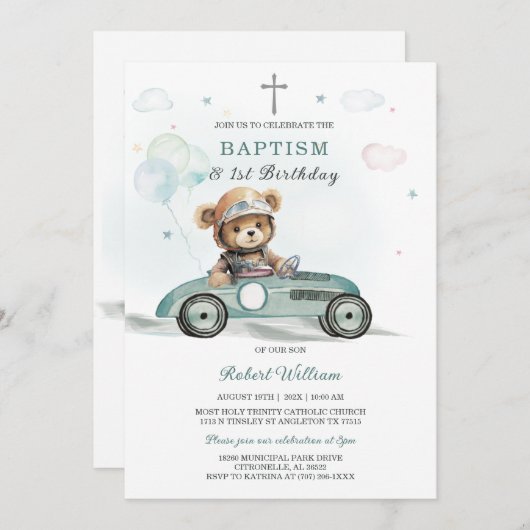 Invitation Bear Boy First Birthday and Baptism (Devant / Derrière)