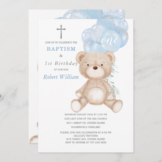 Invitation Bear Boy First Birthday and Baptism (Devant / Derrière)