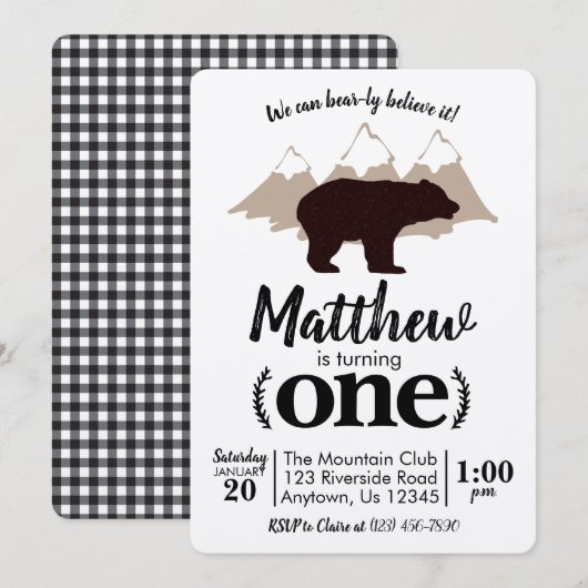 Invitation Bear Boy Premier anniversaire Lumberjack Kraft (Devant / Derrière)