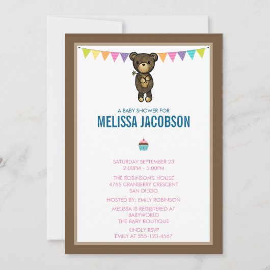 Invitation Bear Brown mignonne tenant un Baby shower de fleur (Devant)