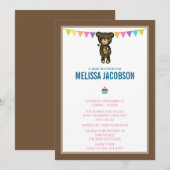 Invitation Bear Brown mignonne tenant un Baby shower de fleur (Devant / Derrière)
