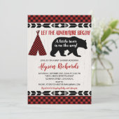Invitation Bear buffalo plaid bûcheron garçon baby shower (Debout devant)