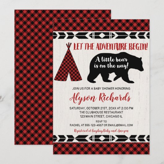 Invitation Bear buffalo plaid bûcheron garçon baby shower (Devant / Derrière)
