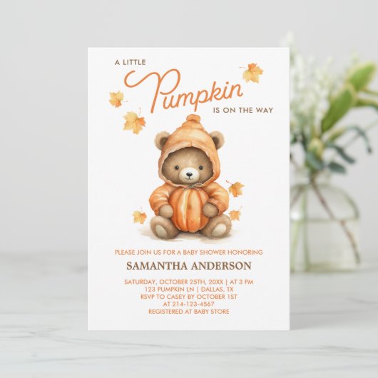 Invitation Bear Citrouille mignonne Baby shower d'automne Inv (Debout devant)