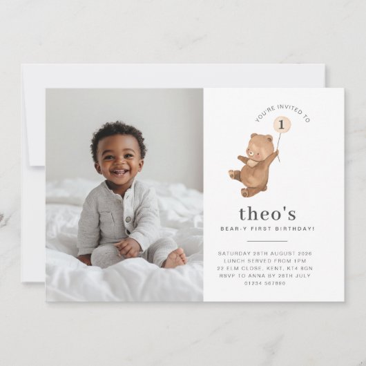 Invitation Bear Cream Balloon Photo 1er Anniversaire Invitati (Devant)