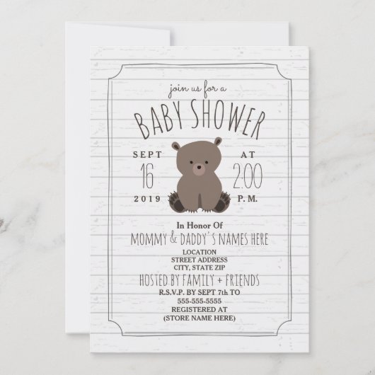 Invitation Bear Cub Baby shower en bois gris (Devant)