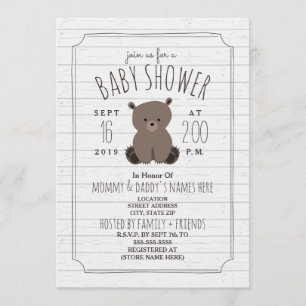 Invitation Bear Cub Baby shower en bois gris