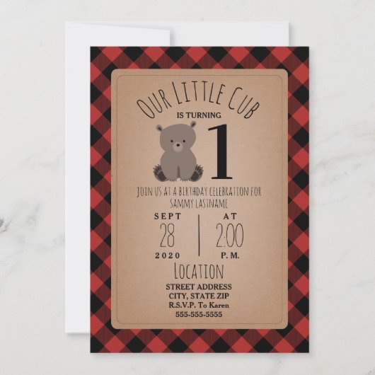 Invitation Bear Cub Lumberjack Plaid Anniversaire (Devant)