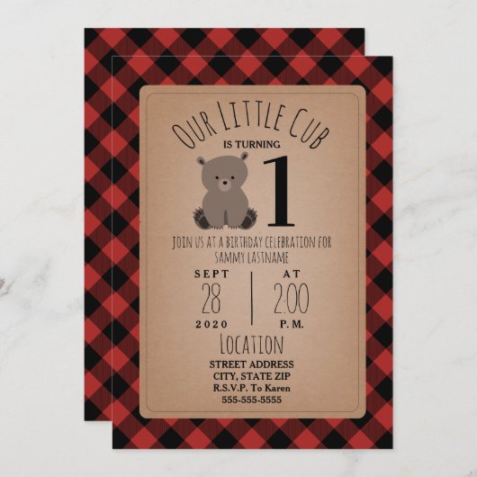 Invitation Bear Cub Lumberjack Plaid Anniversaire (Devant / Derrière)
