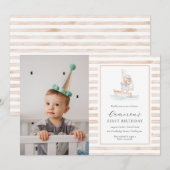 Invitation Bear de voile Tan Stripe photo premier anniversair (Devant / Derrière)