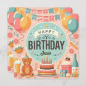 Invitation Bear en Teddy mignonne Pastel Rose heureux Anniver (Devant / Derrière)